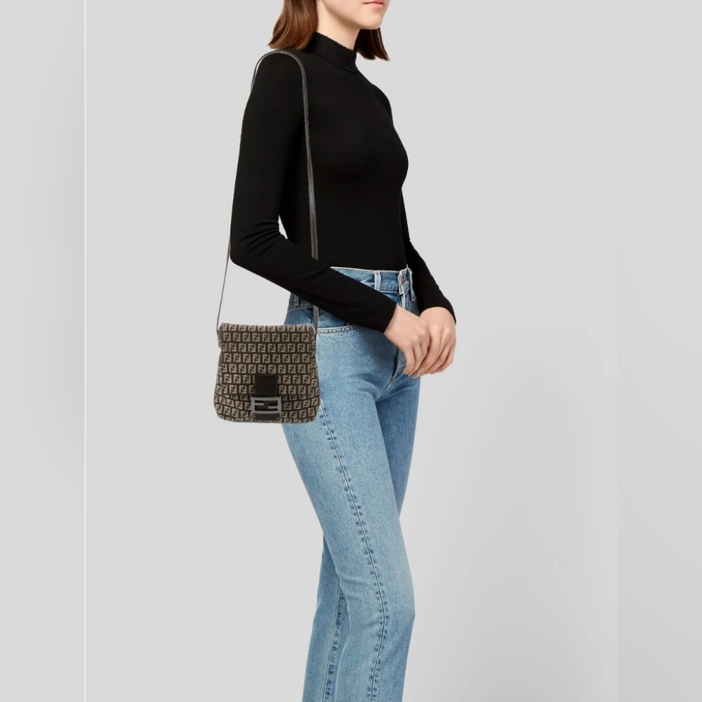 FENDI Zucchino Canvas Mamma Baguette Crossbody Bag